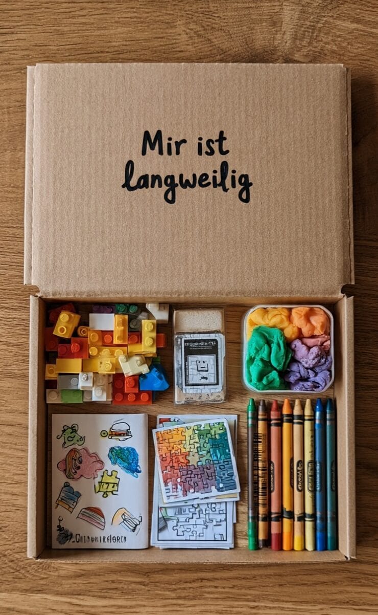 Mir ist langweilig Box mit LEGO, Knete, Malbuch und Buntstiften
