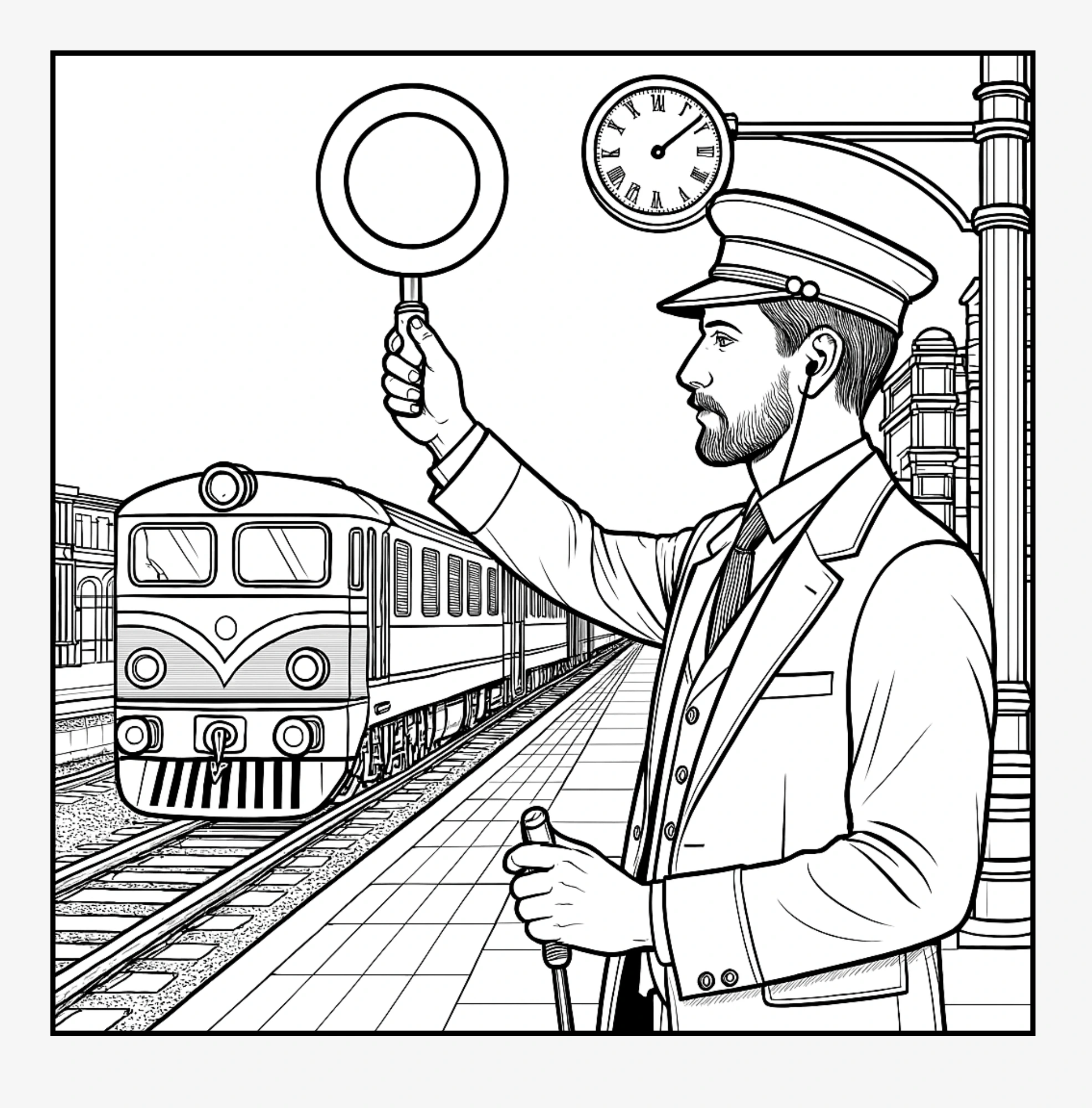 Beispielseite aus dem Züge Malbuch mit detailreichem Eisenbahn Motiv zum Ausmalen