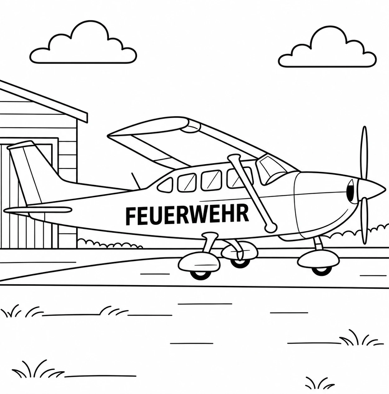 Beispielseite aus dem Feuerwehr Malbuch für Kinder ab 5 Jahren mit Feuerwehrauto zum Ausmalen