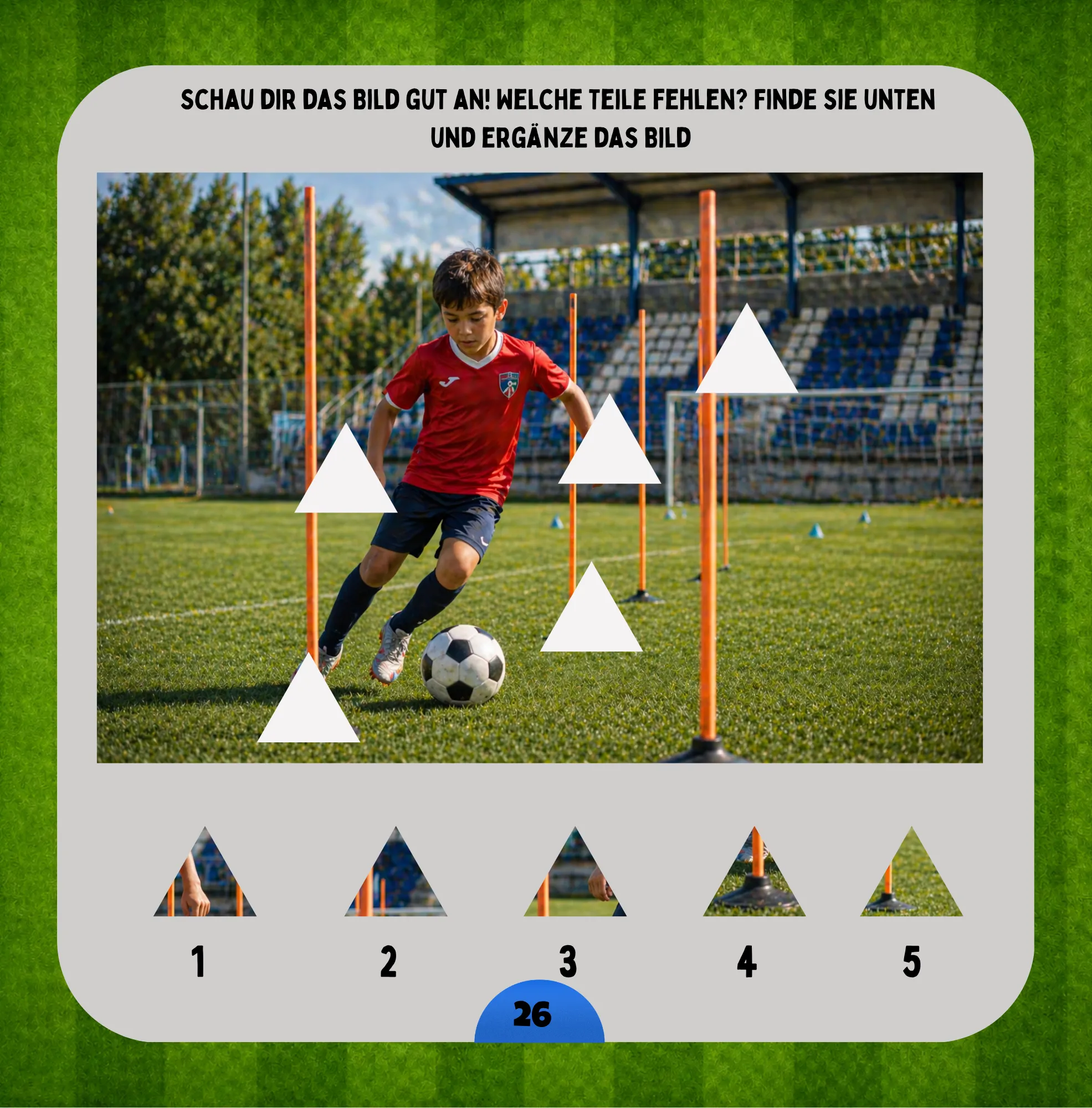 Beispielseite aus dem Fußball Rätselbuch mit Suchbild und Knobelaufgabe