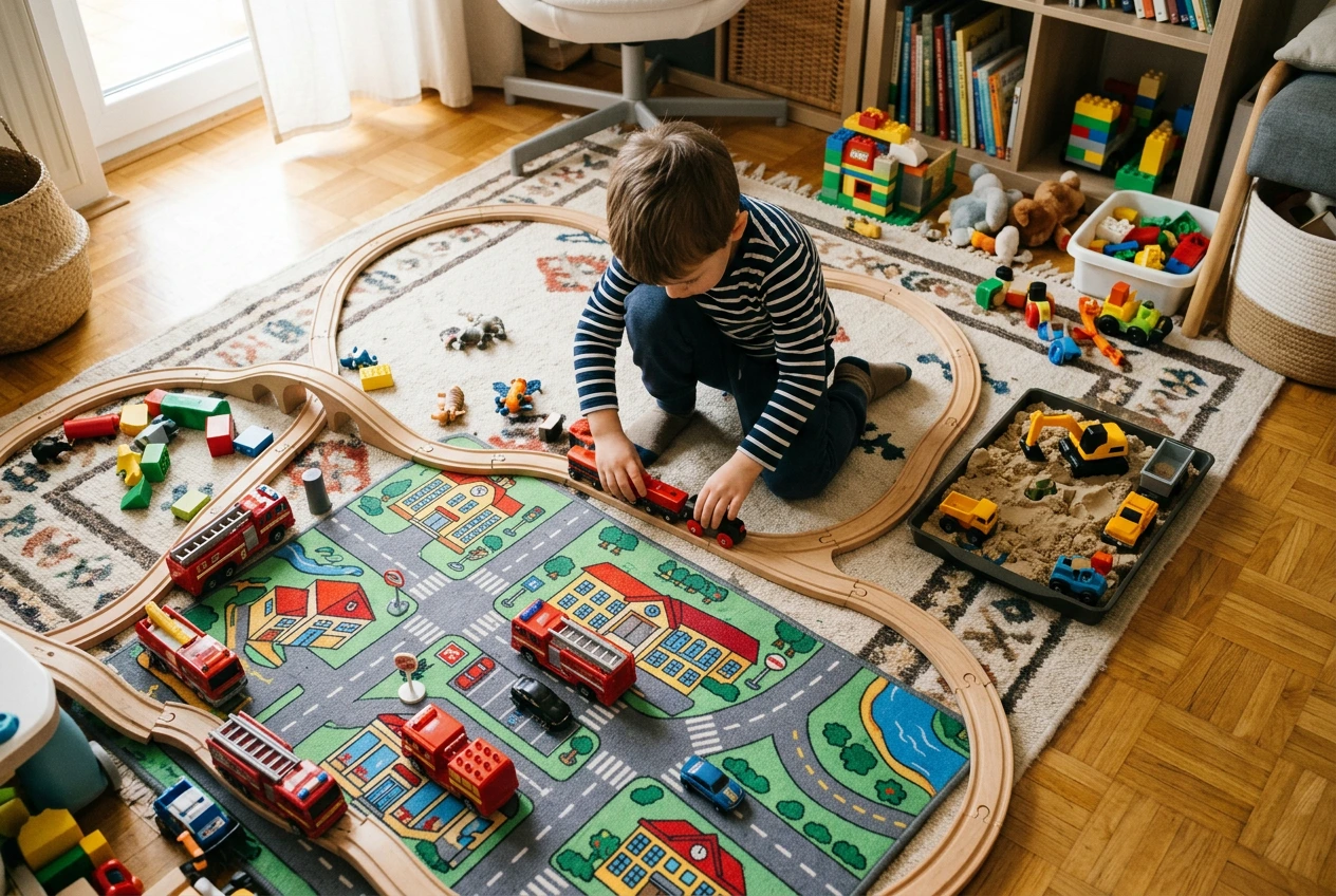 Kind vertieft sich intensiv in seine bevorzugte Spielwelt
