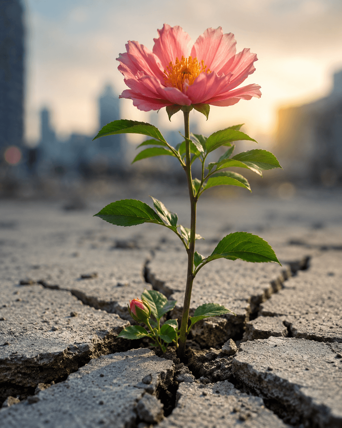 Eine kleine Pflanze durchbricht den Beton als Symbol für mentale Stärke und innere Resilienz