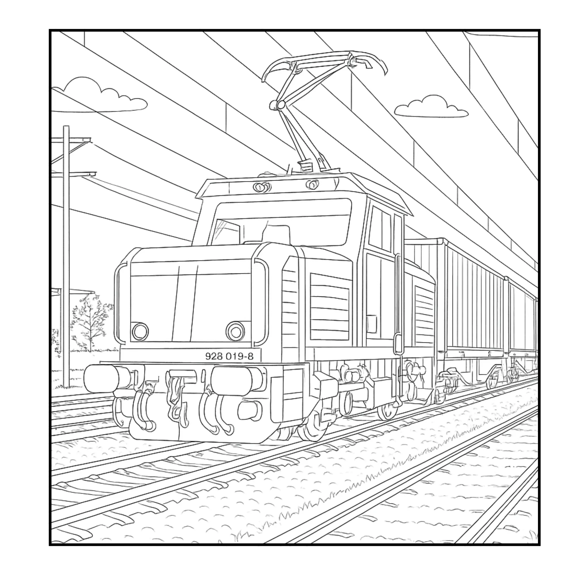 Beispielseite mit realistischer Lokomotive aus dem Züge Malbuch für Erwachsene