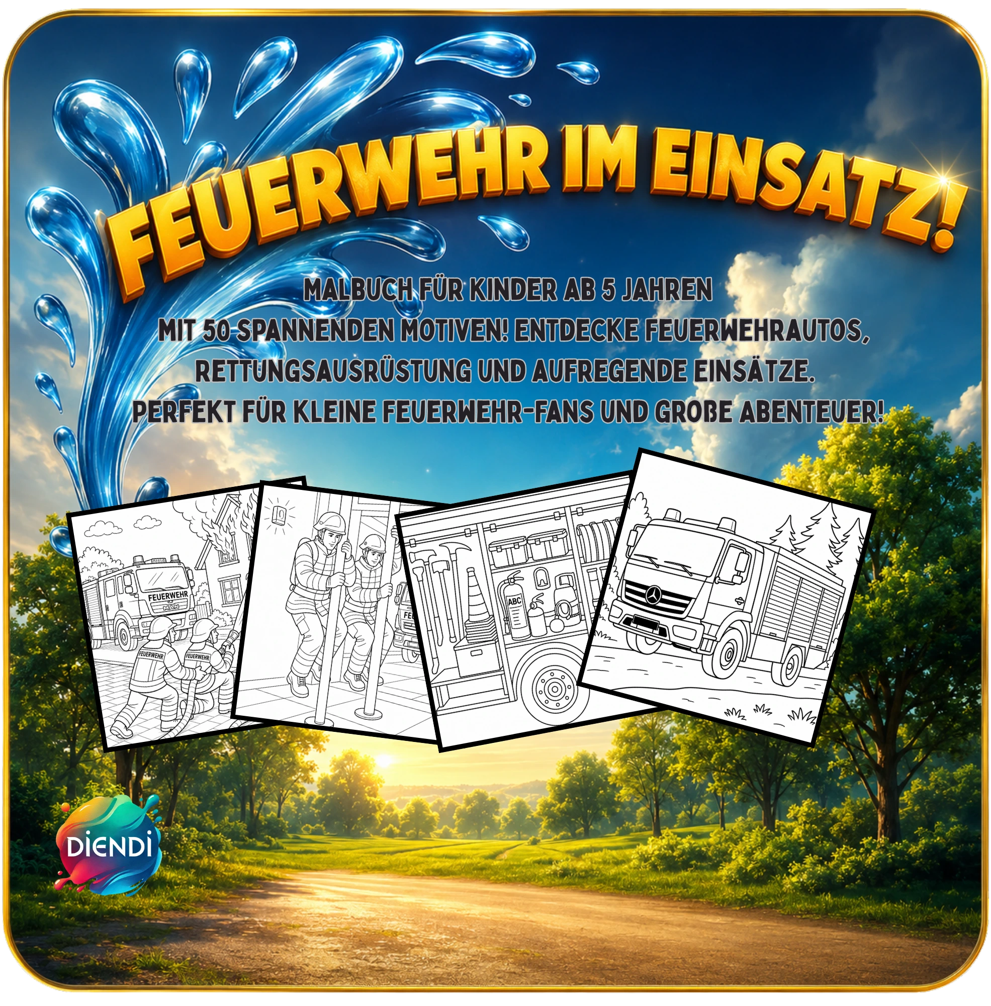 Beispielseiten aus dem Feuerwehr Malbuch ab 5 Jahren mit Feuerwehrautos und Einsatzmotiven zum Ausmalen