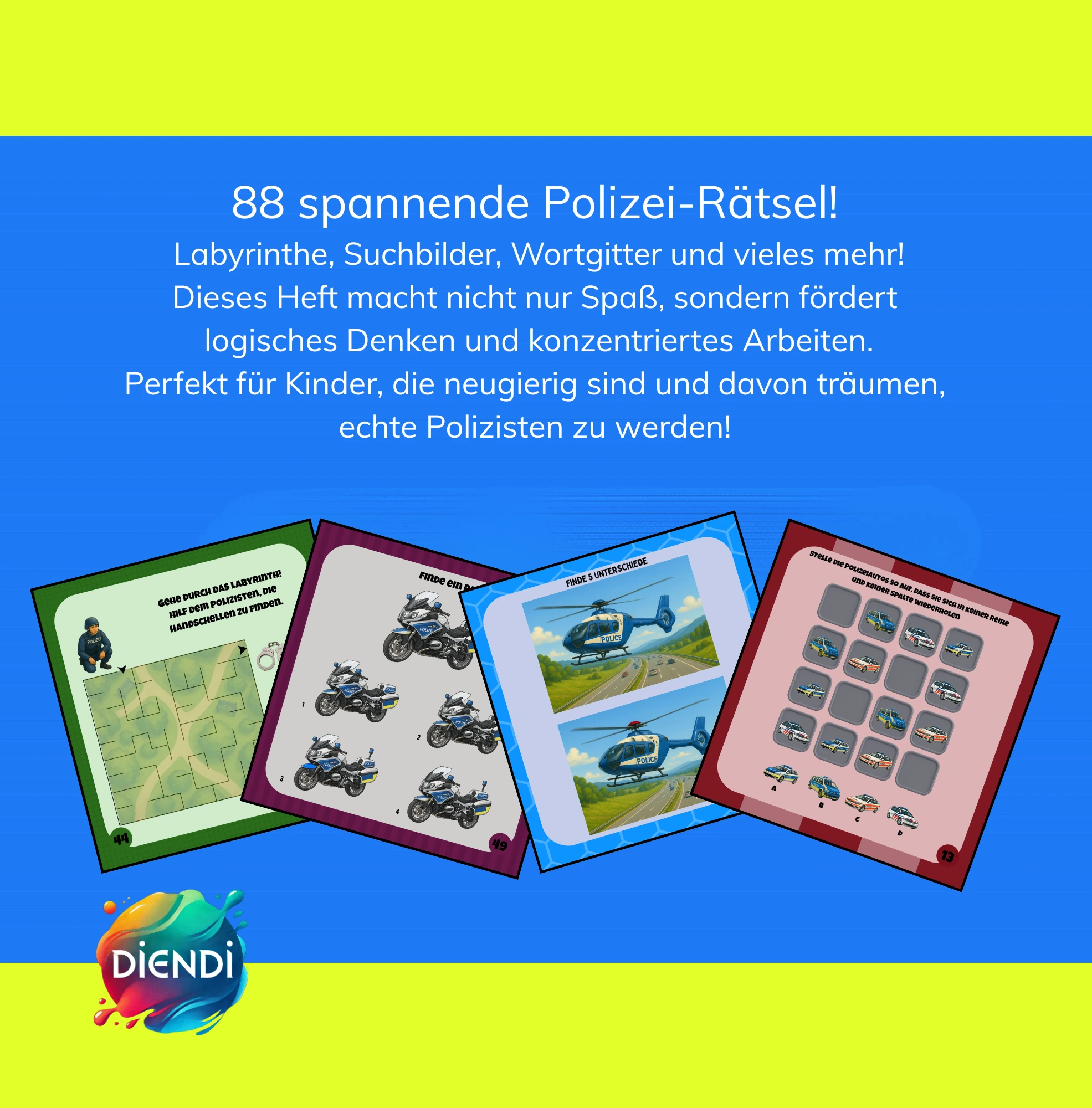 Beispielseiten aus dem Polizei Mitmachbuch für Kinder ab 4 Jahren mit Labyrinthen, Suchbildern und Rätseln