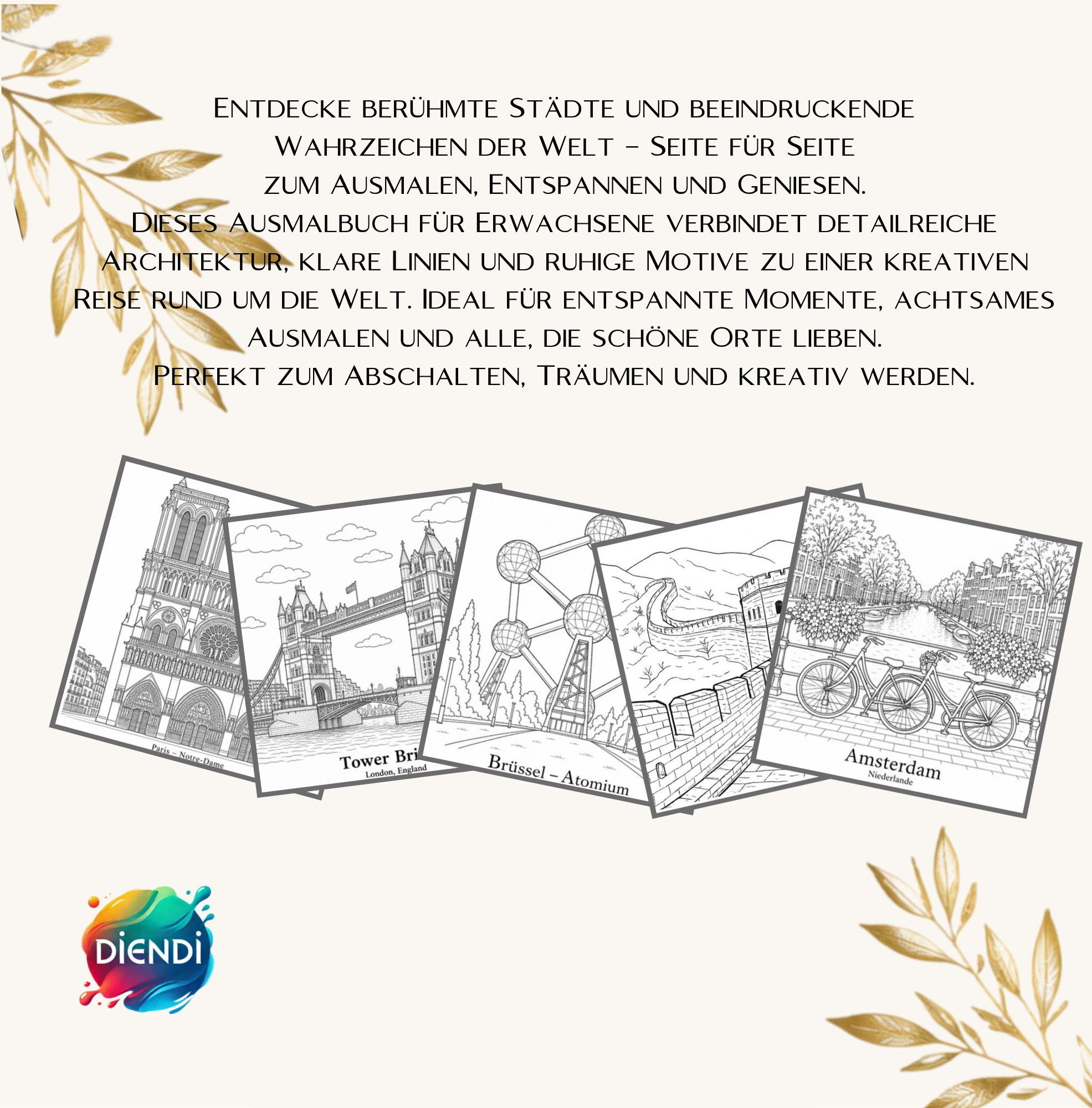 Malbuch für Erwachsene mit Wahrzeichen der Welt, berühmten Bauwerken und detailreichen Motiven zum Entspannen