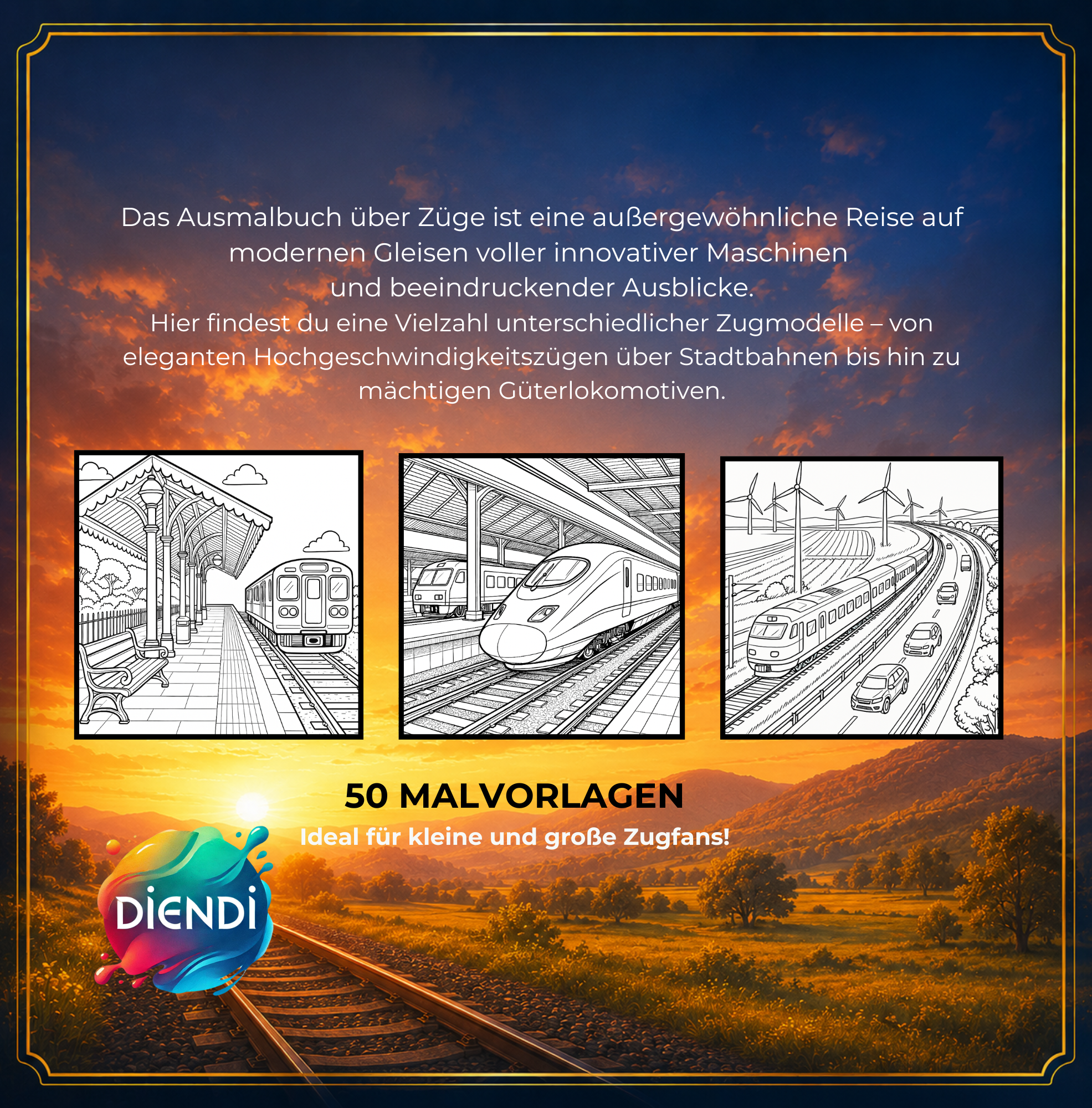 Beispielseiten aus dem Malbuch Züge für Kinder ab 4 Jahren mit ICE, Lokomotiven und Eisenbahn Motiven zum Ausmalen