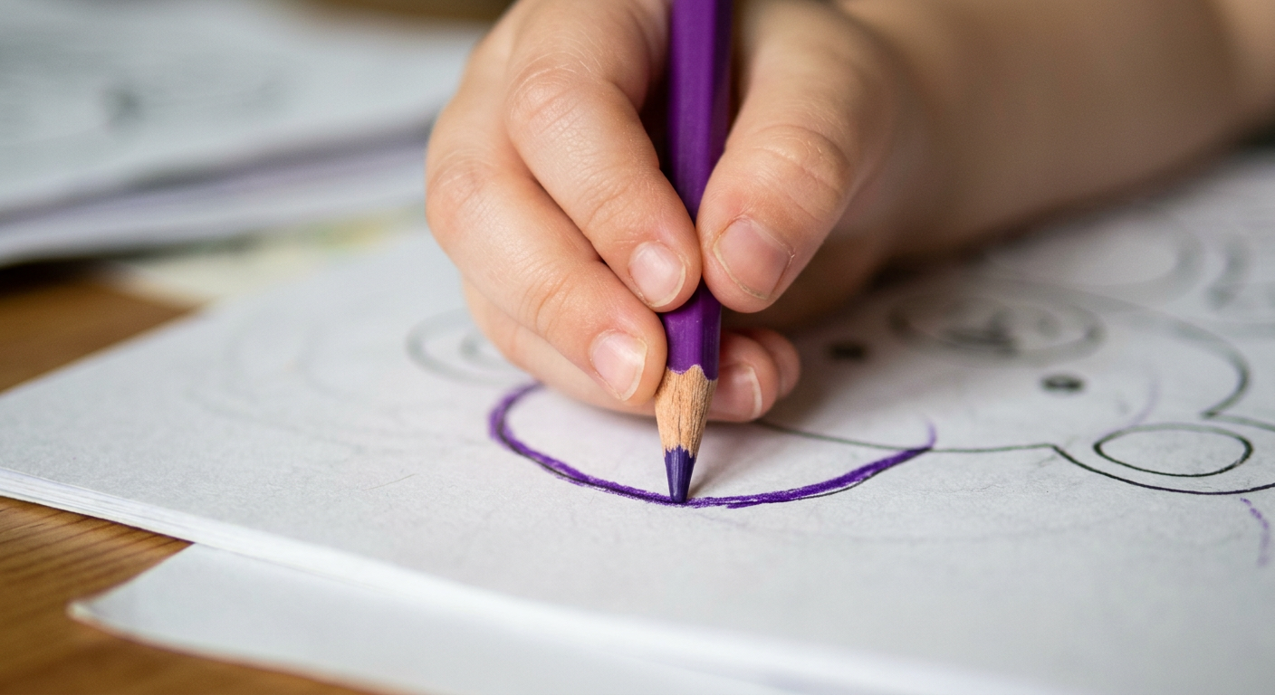 Kinderhand beim Malen und sicheren Führen eines Stiftes