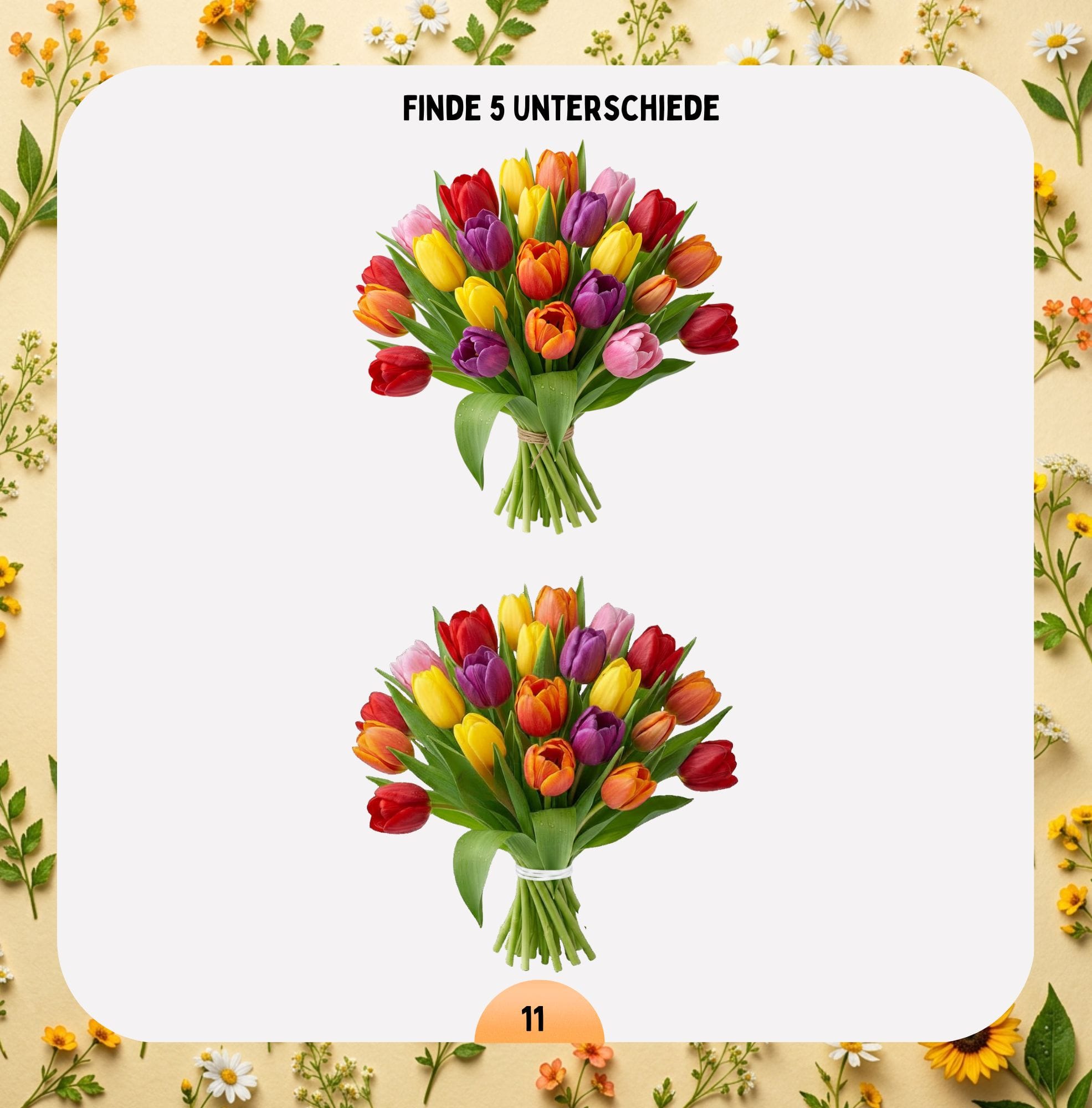 Blumen-Rätsel für Mädchen mit Suchbild und Aufgabe zum genauen Beobachten