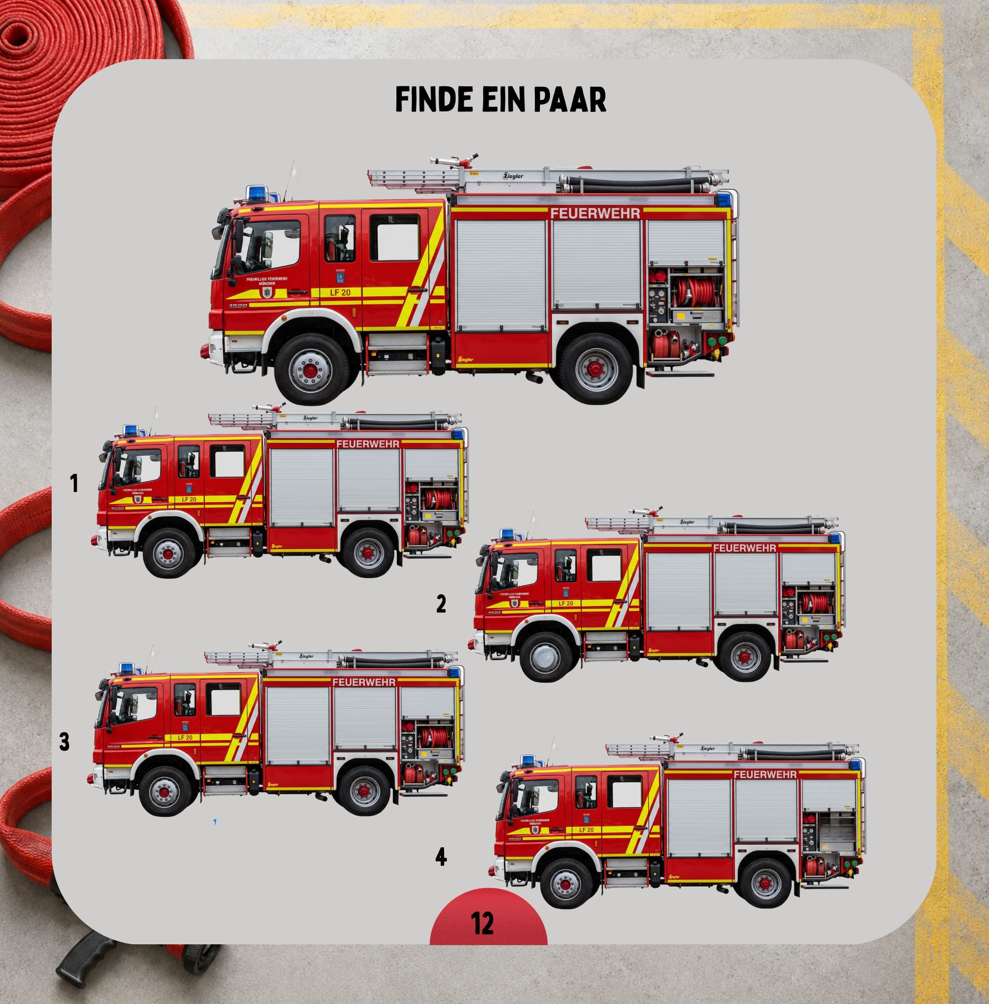 Rätselseite mit Feuerwehrauto und einer abwechslungsreichen Denkaufgabe