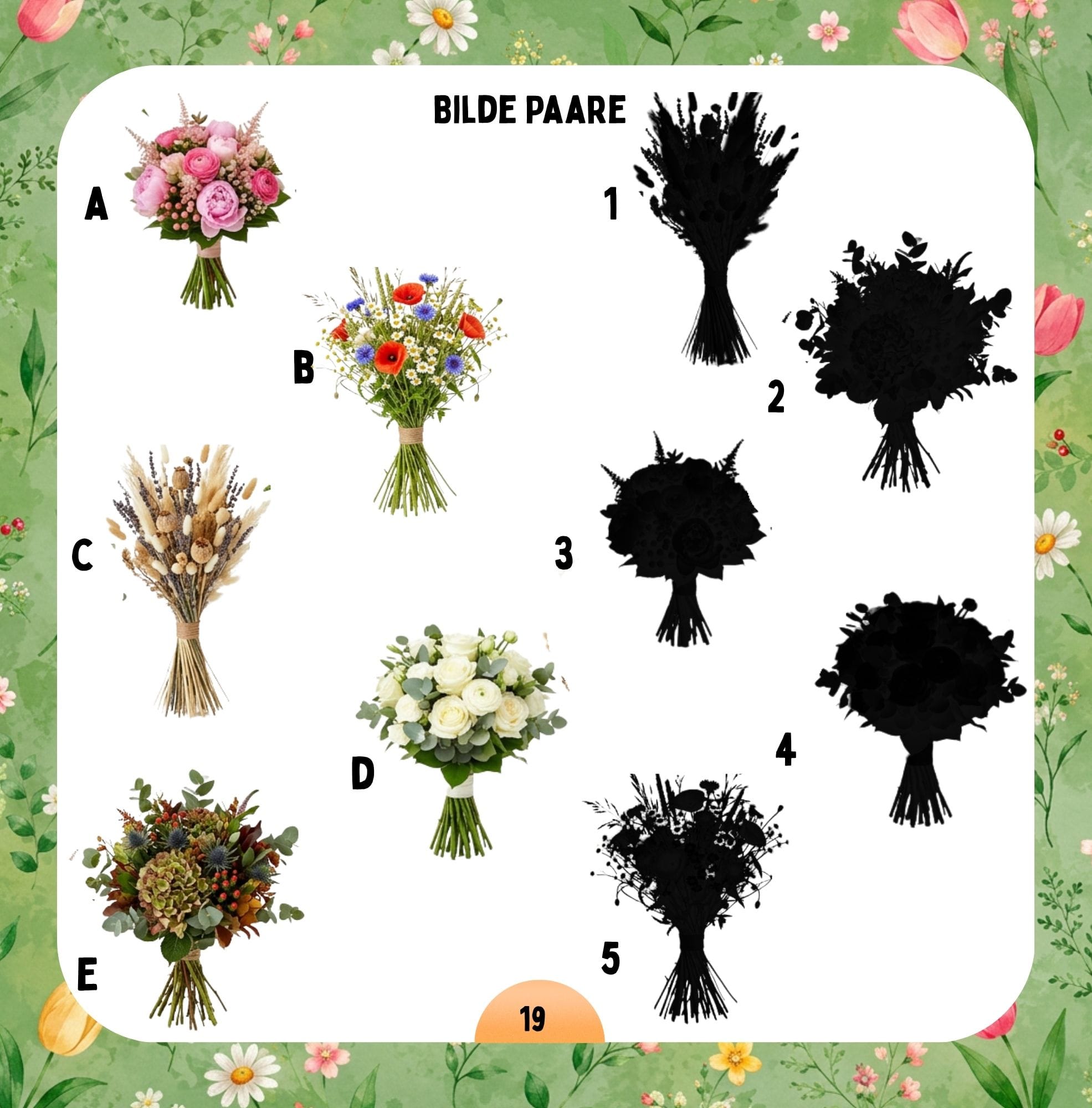 Rätselseite mit Blumen, Sträußen und einer abwechslungsreichen Denkaufgabe