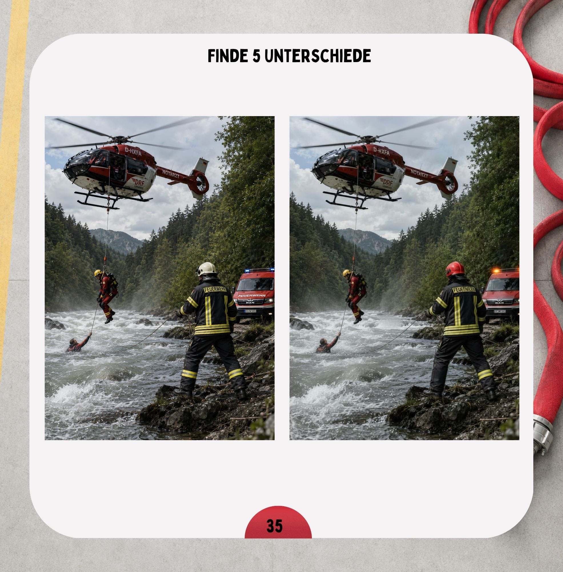 Beispielseite aus dem Feuerwehr-Rätselbuch mit Zuordnungs- und Logikaufgabe