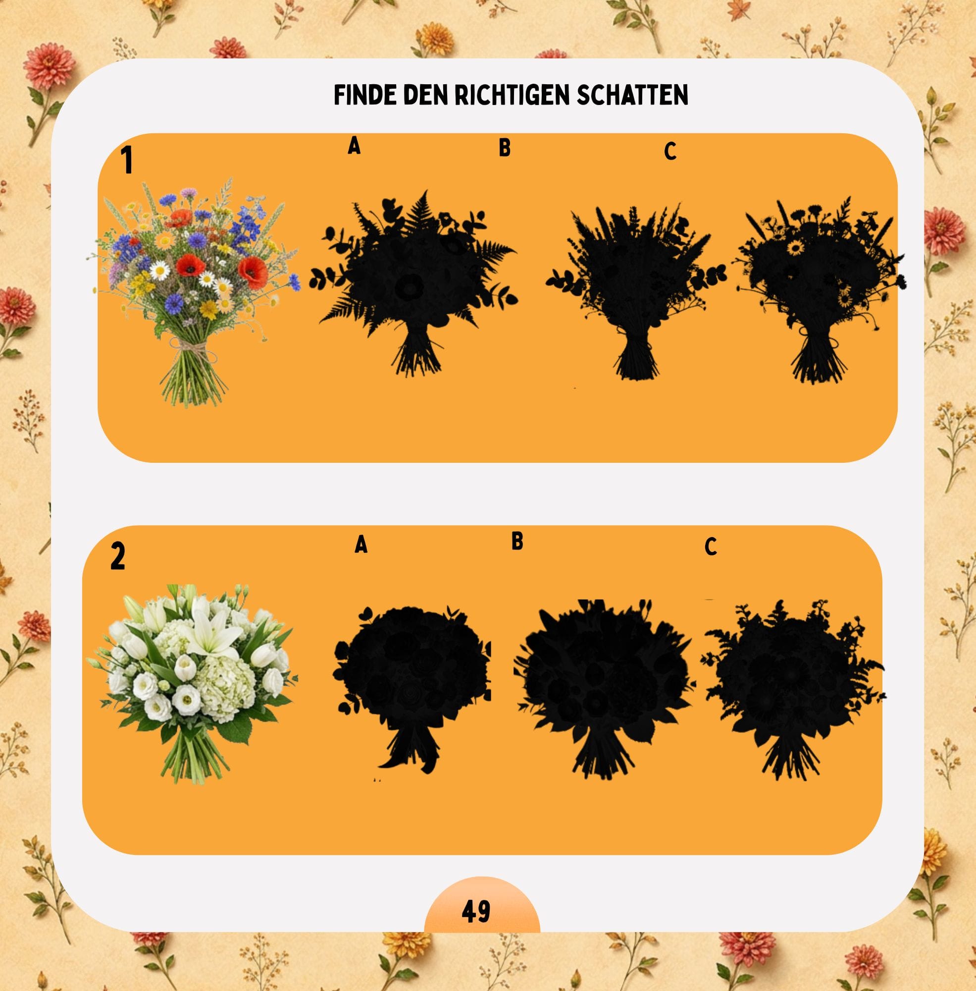 Beispielseite aus dem Blumen-Rätselbuch mit Zuordnungs- und Malaufgabe