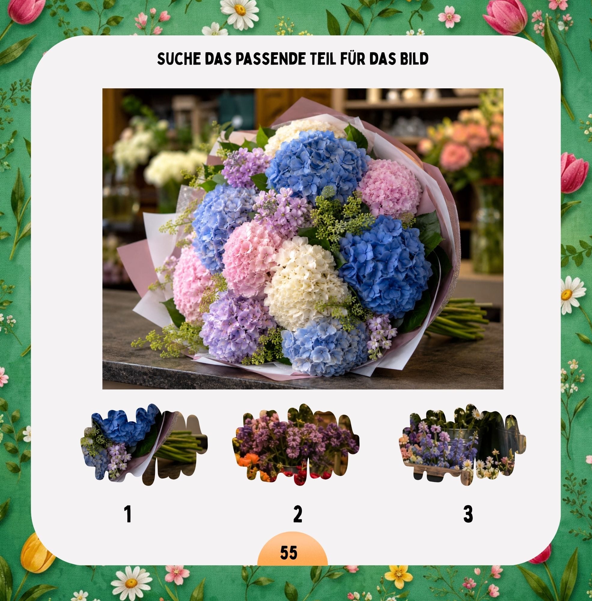 Blumen Rätsel für Mädchen ab 6 Jahren mit Suchbild und Logikaufgabe