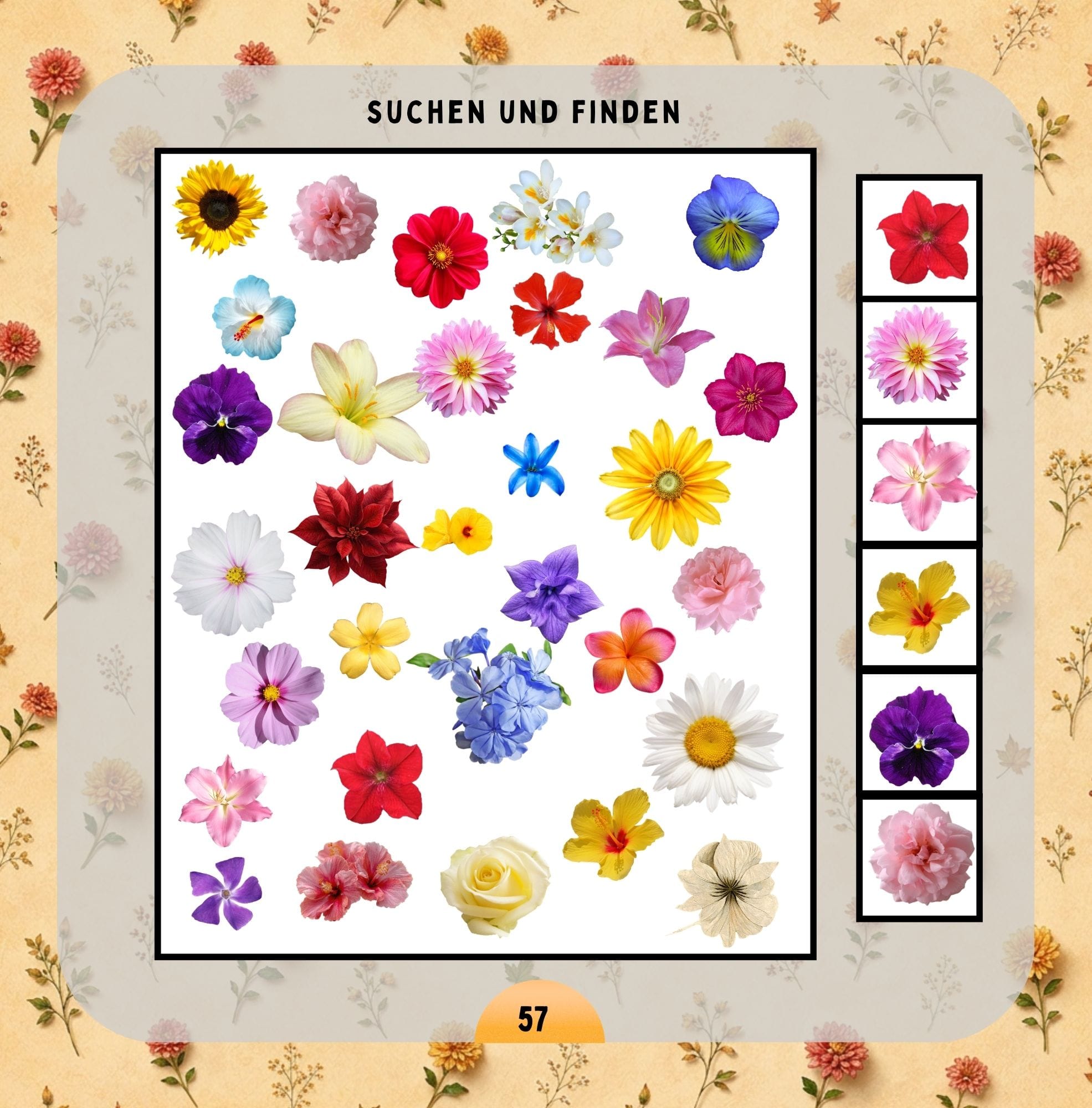 Rätselseite für kleine Blumenfans mit Bildern, Mustern und Konzentrationsaufgabe