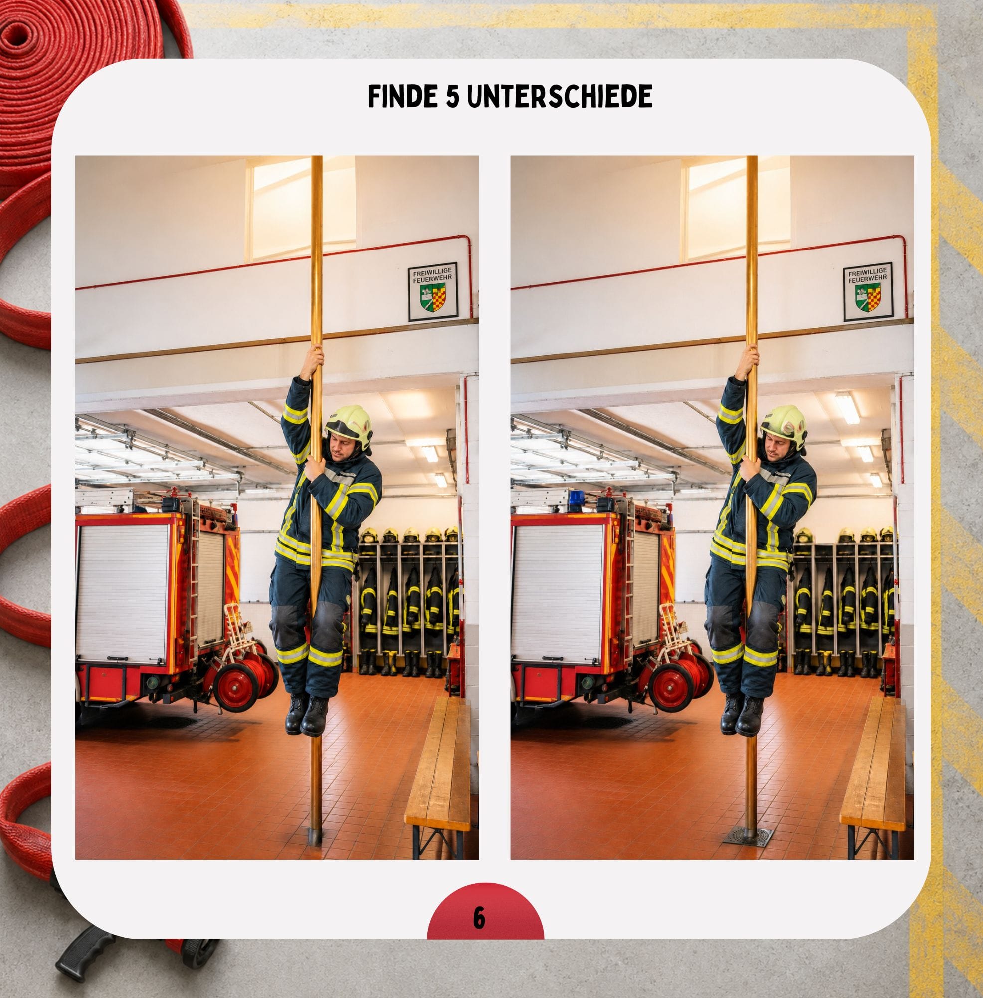 Beispielseite aus dem Feuerwehr Rätselbuch mit einer kindgerechten Aufgabe