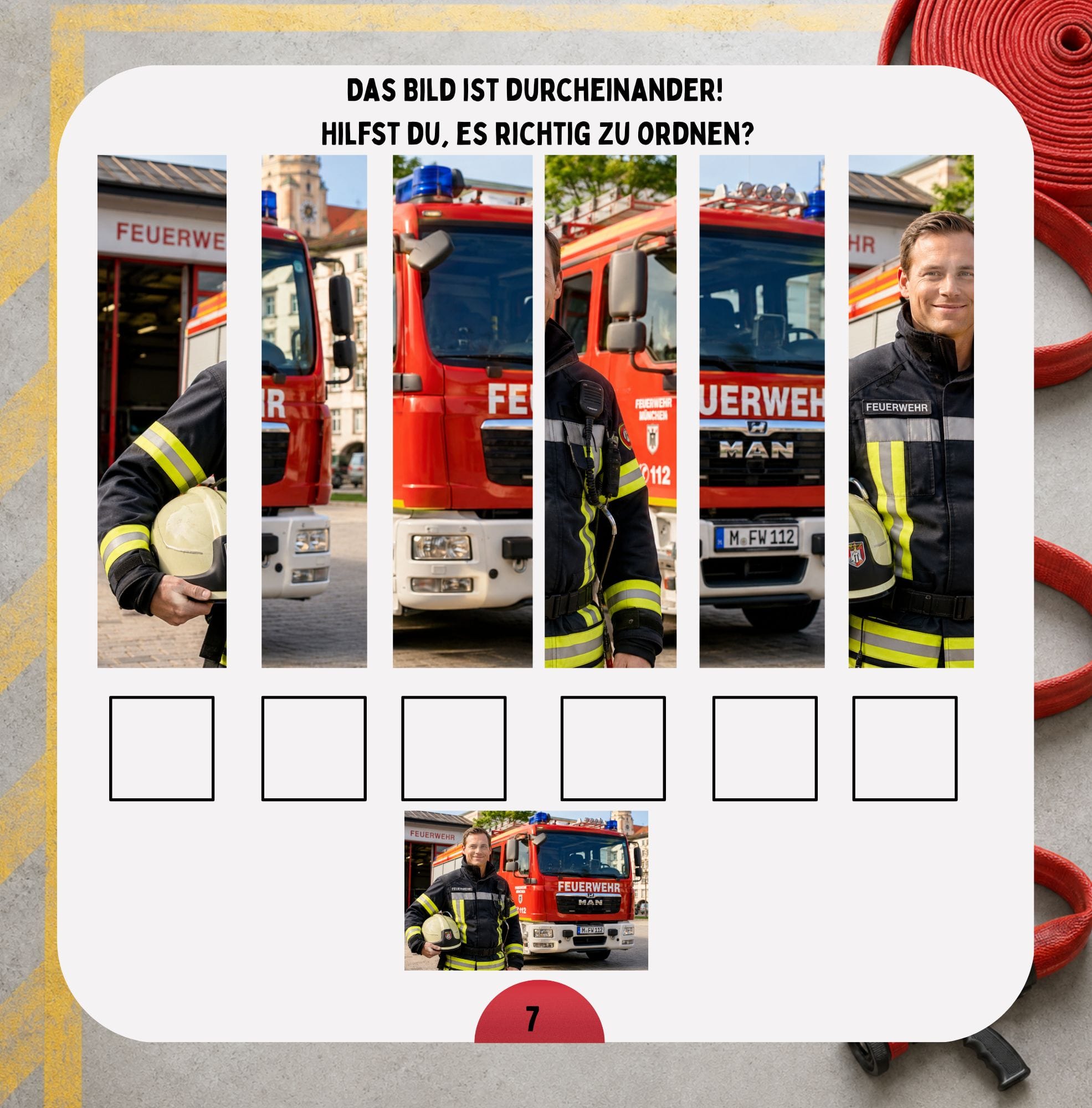 Feuerwehr-Rätsel für Kinder mit Suchbild und Aufgabe zum genauen Beobachten
